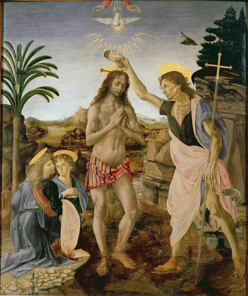 St. John the Baptist pours water over the head of Jesus standing in a shallow river, with the dove of the Holy Spirit above and two kneeling angels on the left