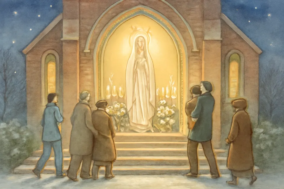 Oil-painting-style illustration of Catholics entering a lit parish church on a December evening for the Immaculate Conception Mass, with a statue of Mary among white flowers inside