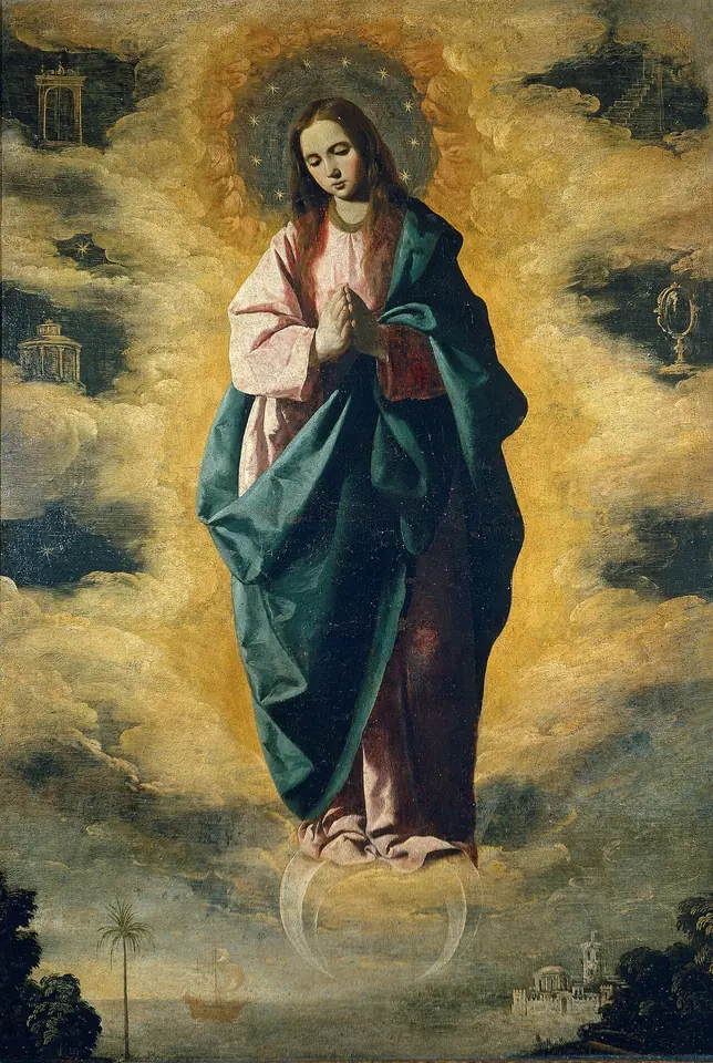 Young Mary in a rose tunic and blue-green mantle stands with joined hands on a crescent moon in a golden sky, with small Marian emblems in the clouds and a harbor at her feet
