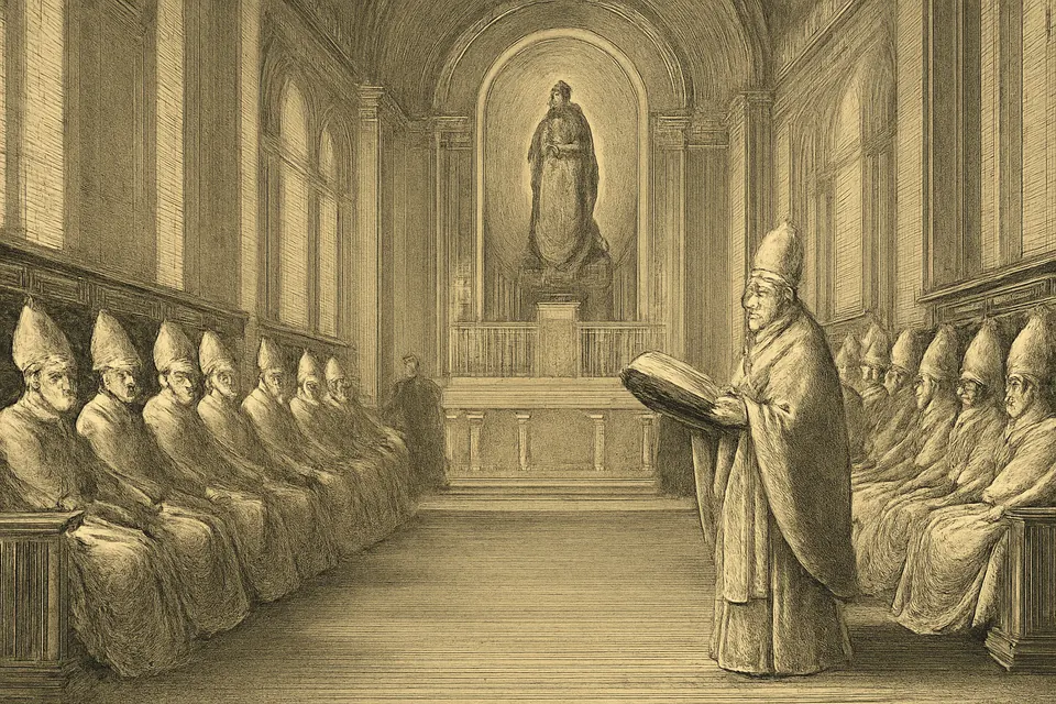 Engraving-style illustration of American bishops in council in a cathedral in 1846, choosing Mary Immaculate as patroness of the United States