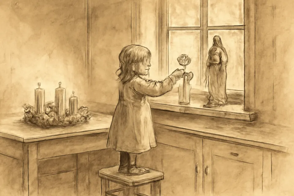 Ink drawing of a child setting a white rose before a small statue of Mary on a kitchen windowsill, with an Advent wreath on the table