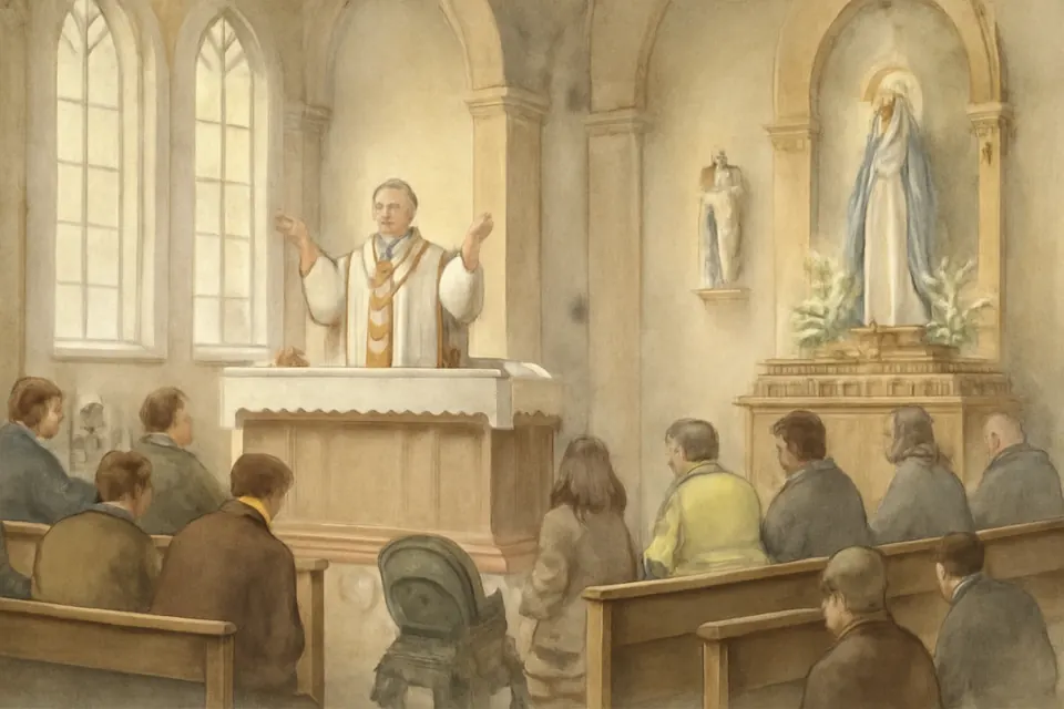 Watercolor illustration of office workers at a weekday noon Mass in a city church on the Immaculate Conception, the priest in white vestments