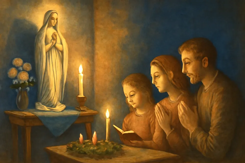 Oil-painting-style illustration of a family praying before a statue of Mary Immaculate on a home altar with an Advent wreath and white flowers