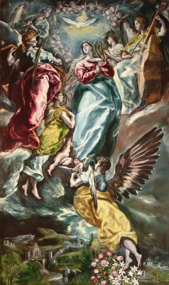 Tall painting of Mary in a blue mantle rising with outstretched arms among angels playing music, the dove of the Holy Spirit above and roses and lilies below