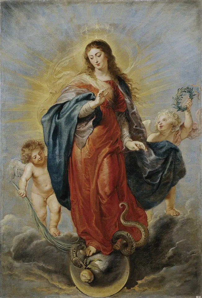 Mary in a red gown and blue mantle stands on a globe and crescent moon in golden light, her foot on a serpent, while two small angels hold a wreath and palm