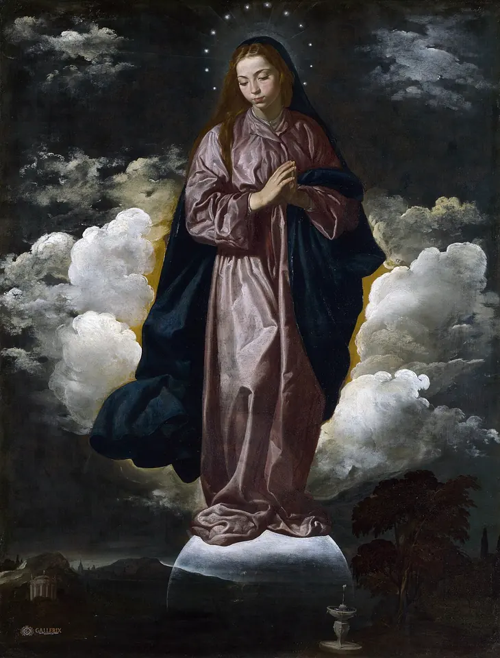 A young Mary in a rose tunic and dark blue mantle stands with joined hands on a crescent moon among white clouds, a ring of stars around her head and a dark landscape below
