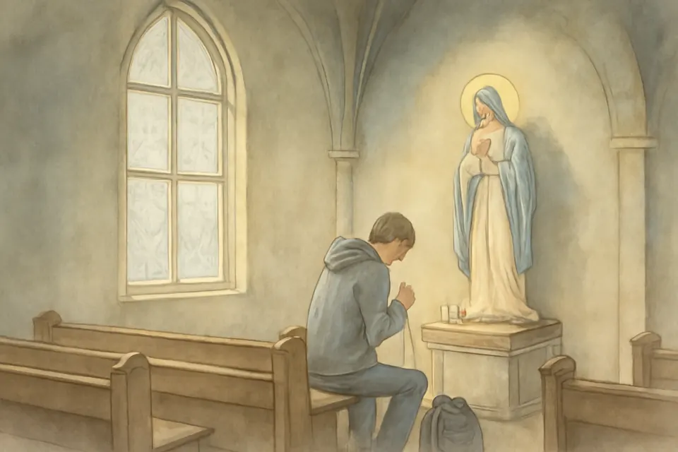 Watercolor illustration of a young man praying alone in a small chapel before an image of Mary, a backpack at his feet and snow at the window