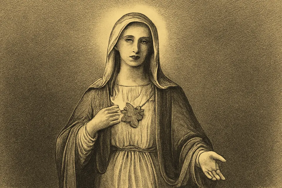 Ilustración en estilo óleo de la Virgen María con manto azul que señala su corazón, rodeado de rosas blancas, atravesado por una espada y coronado por una llama