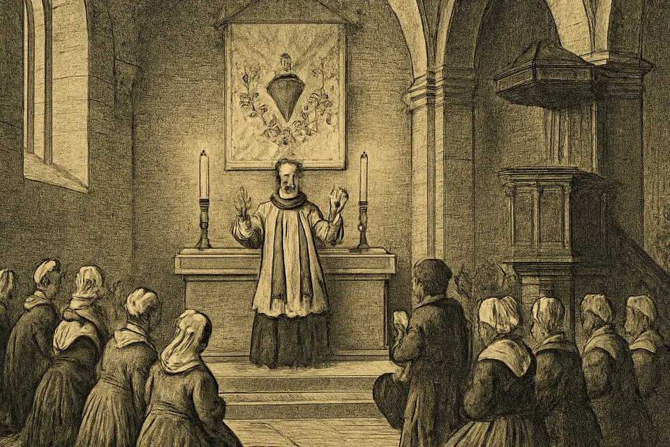 Ilustración en estilo grabado de San Juan Eudes, sacerdote francés del siglo XVII, que celebra en un altar de Autun la primera fiesta del Corazón de María en 1648