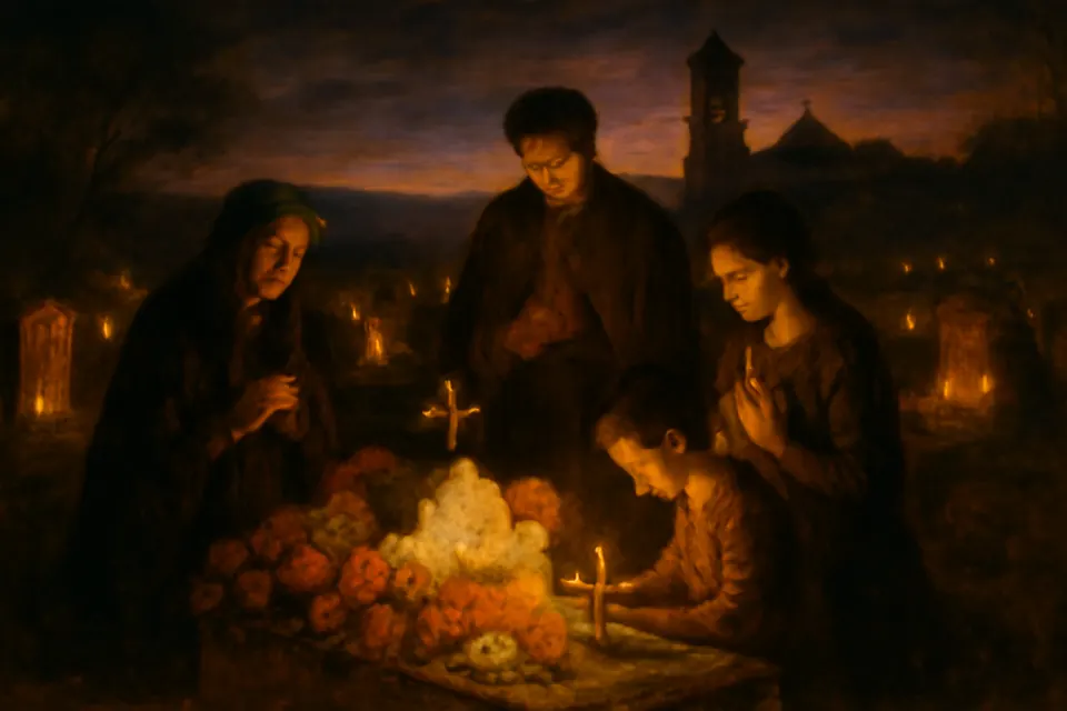 Ilustración en estilo óleo de una familia rezando ante una tumba adornada con flores de cempasúchil y velas en un cementerio latinoamericano al atardecer