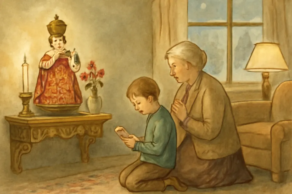 Oil-painting-style illustration of a grandmother and a young boy kneeling before a statue of the Infant of Prague in a red robe and gold crown on a home altar