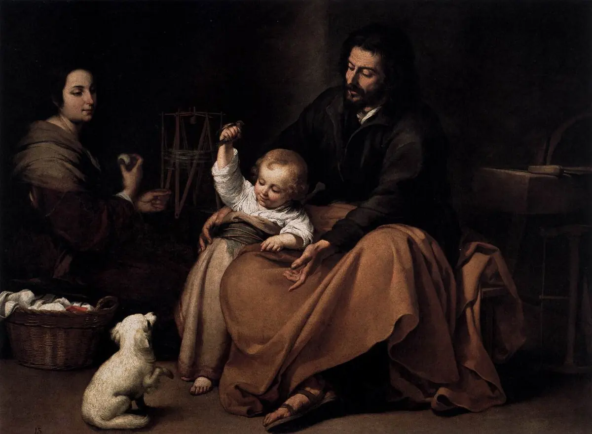Murillo painting of St. Joseph holding the young Jesus, who shows a small bird to a little dog, while Mary sits at her spinning beside them in a carpenter's workshop