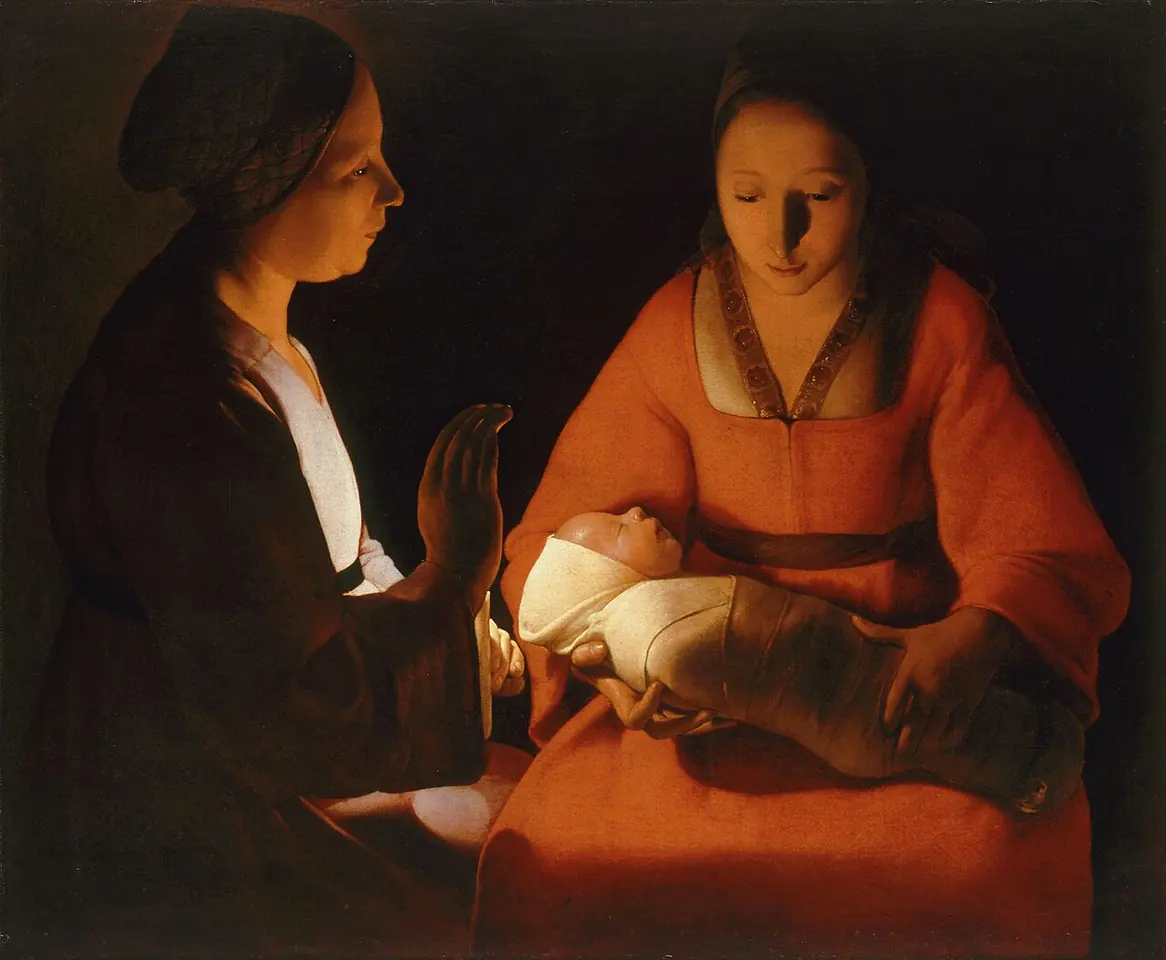 Georges de La Tour painting of a young mother in red holding a swaddled newborn on her lap while an older woman shields a candle that lights the child's face