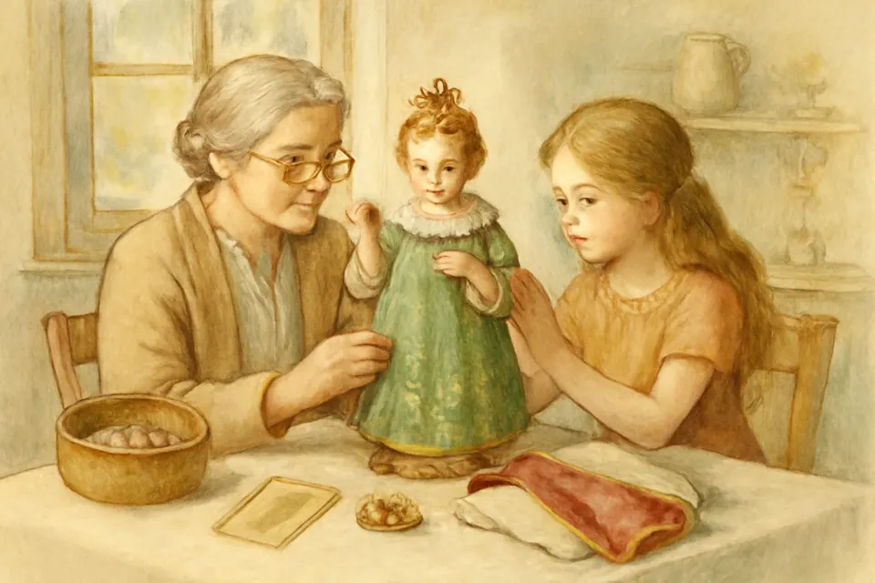 Watercolor illustration of a grandmother and granddaughter dressing a small statue of the Infant of Prague in a green robe at a kitchen table