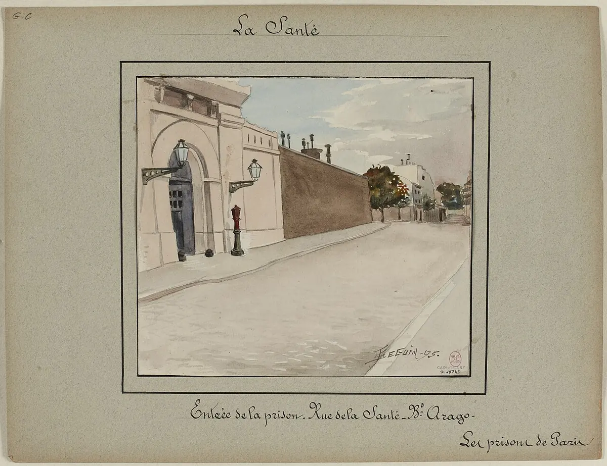Watercolor drawing of the gated entrance of La Santé prison on a quiet Paris street, with lamps on either side of the gate and the long prison wall stretching away