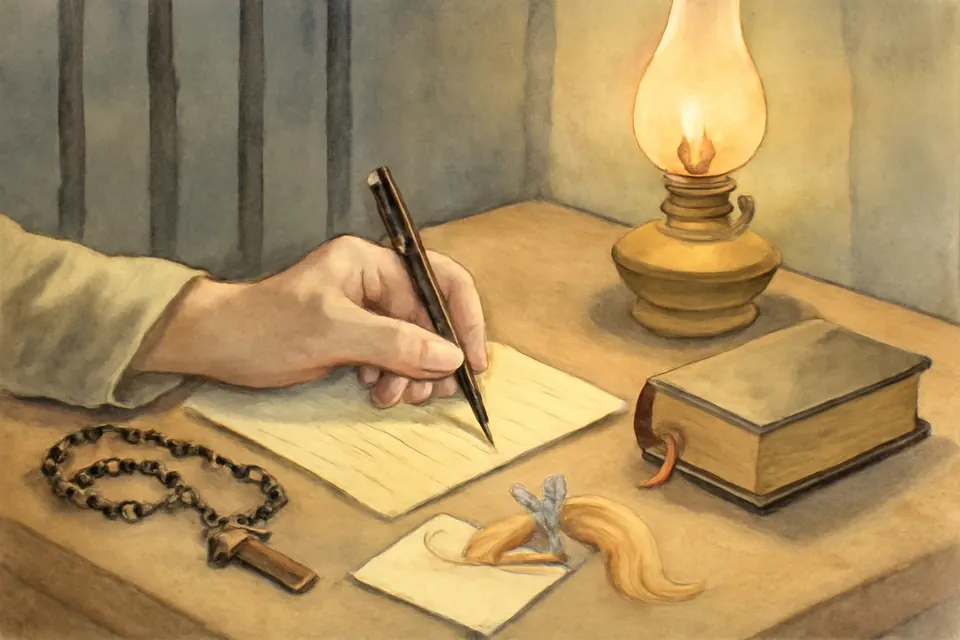 Watercolor-style illustration of a hand writing a letter by lamplight beside a rosary and a child's small lock of fair hair tied with ribbon