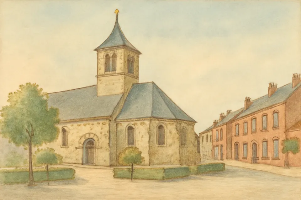 Watercolor-style view of a gray stone Norman parish church with a squat bell tower and slate roofs on a quiet summer morning