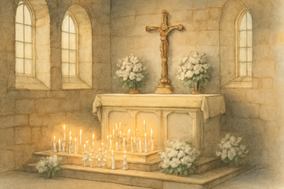 Watercolor-style view of many lit votive candles and white flowers before a plain altar with a wooden crucifix in an old stone church
