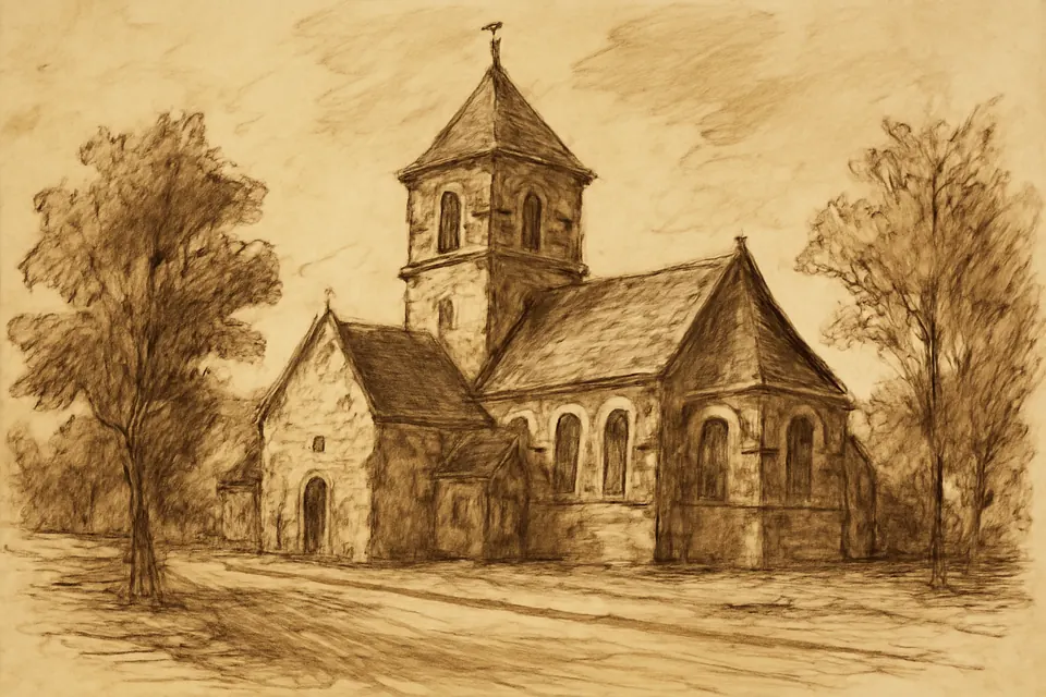 Ink-style drawing of a small stone and brick parish church with a square bell tower on a quiet town street in Normandy