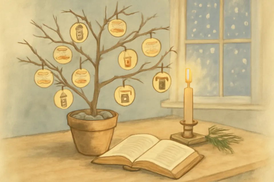 Watercolor-style illustration of a bare branch set in a clay pot on a family table, hung with small round hand-painted ornaments, beside an open Bible and a lit candle, with snow falling outside the window