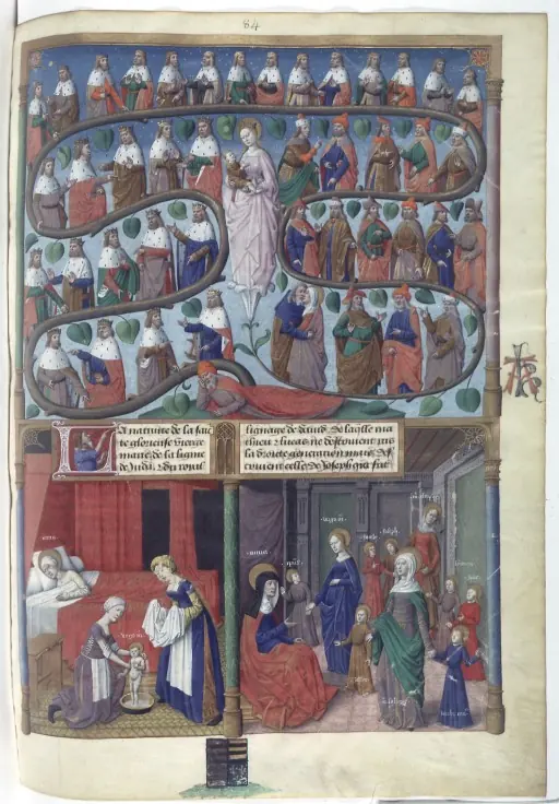 Late medieval French illumination of a winding vine filled with rows of crowned kings and ancestors rising to the Virgin and Child at the top, with a scene of the birth of the Virgin in a bedroom below
