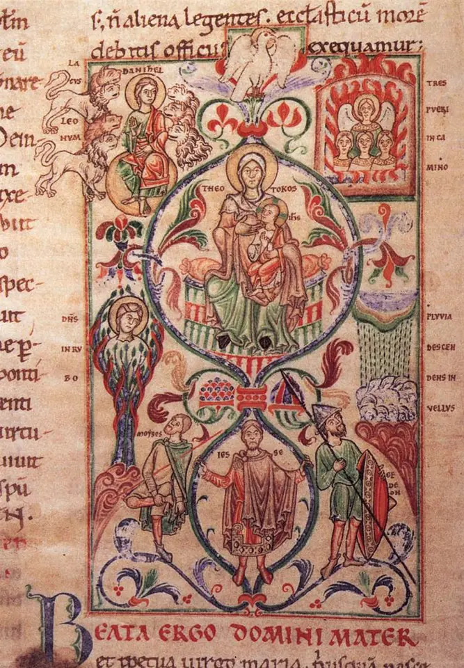 Manuscript illumination of Jesse standing in a lower circle with Moses and Gideon on either side, the stem rising into a large circle with the Virgin nursing the Christ Child, a dove above, Daniel among lions at upper left and three youths in a furnace at upper right