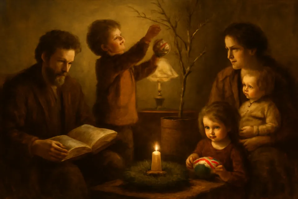 Oil-painting-style illustration of a family in a lamplit living room as a young boy hangs a small painted ornament of Noah's ark on a bare branch while his father reads from a Bible