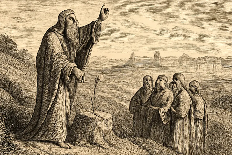 Engraving-style scene of the prophet Isaiah, an old bearded man in a mantle, standing beside a cut tree stump from which one green shoot is growing, pointing to it as he speaks to a small crowd