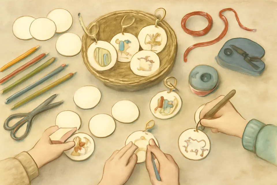 Watercolor-style illustration of children at a kitchen table cutting out and coloring paper circles with Bible symbols such as a ladder, a burning bush and a lamb, to make Jesse Tree ornaments