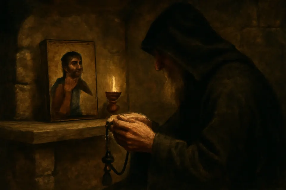 Oil-painting-style scene of an old monk's hands holding a black knotted prayer rope before an icon of Christ lit by a small red oil lamp