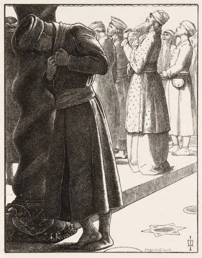 Wood engraving of a man in a long cloak bowing his head and striking his breast in the foreground while a richly dressed Pharisee stands praying with raised face behind him