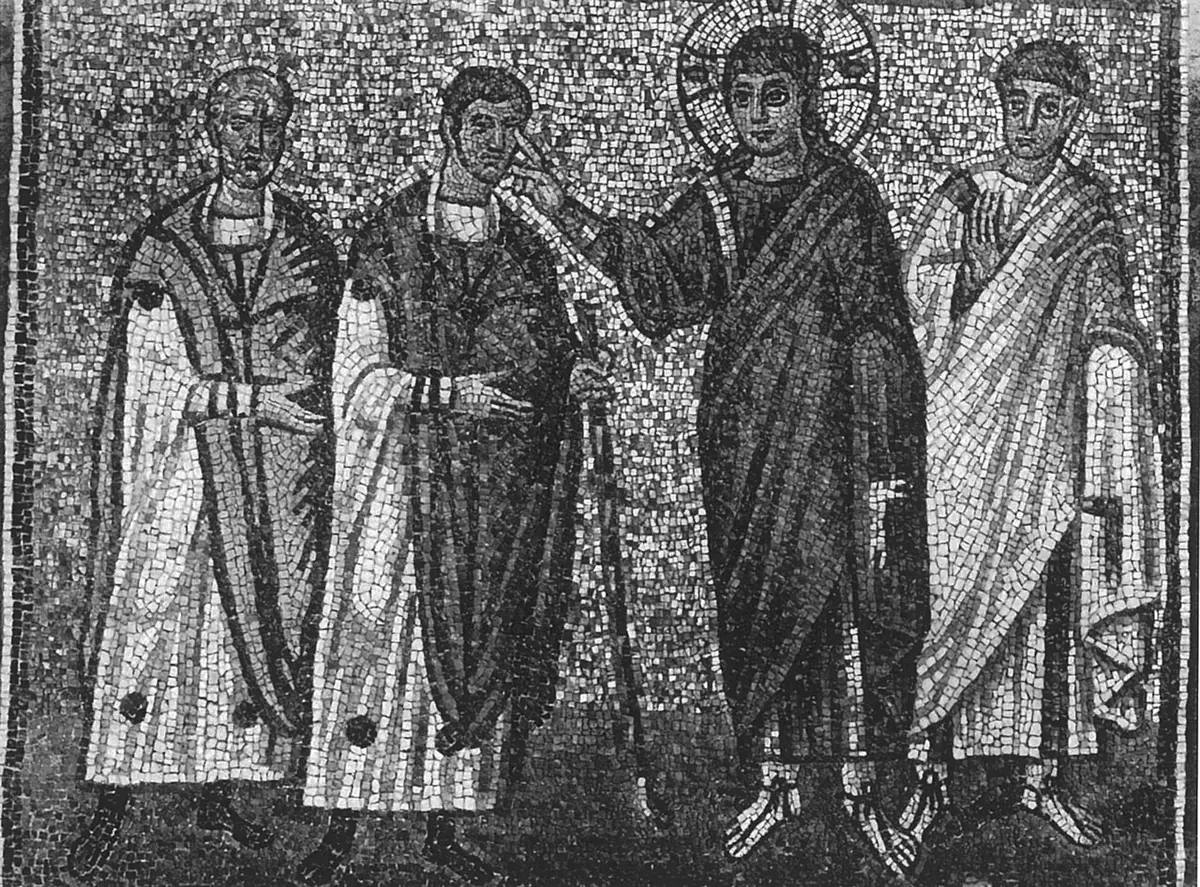 Black-and-white photograph of an early Christian mosaic of Christ touching the eyes of a blind man, with an apostle and a second blind man beside them