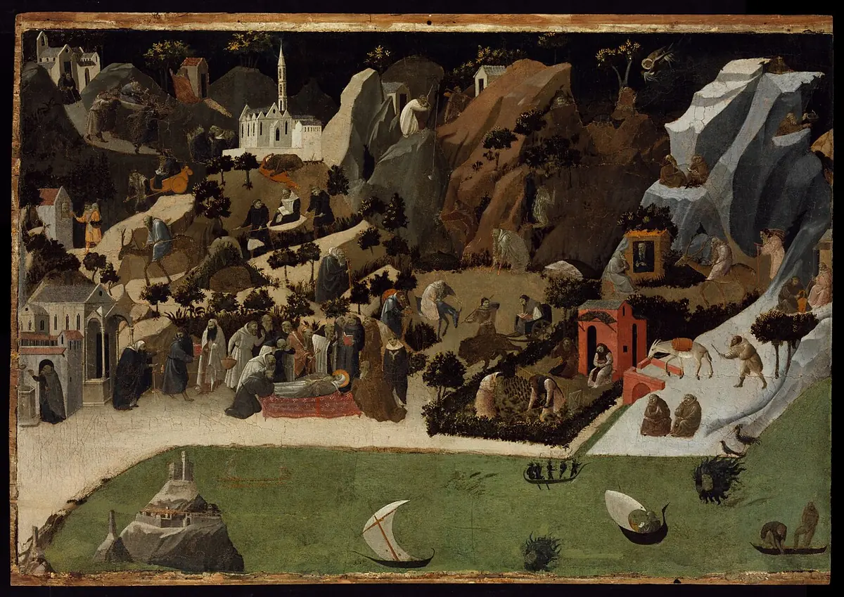 Wide panel of a rocky desert landscape dotted with tiny hermits, chapels and caves, with monks praying, working and talking