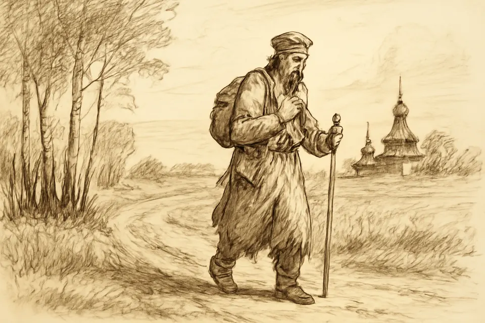 Ink-drawing-style illustration of a Russian pilgrim with a knapsack and staff walking a country road past birch trees, praying