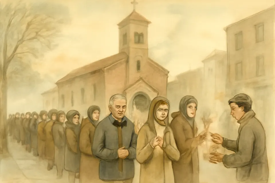 Watercolor-style illustration of a long line of people carrying ears of wheat waiting outside the church of San Cayetano in Buenos Aires on August 7