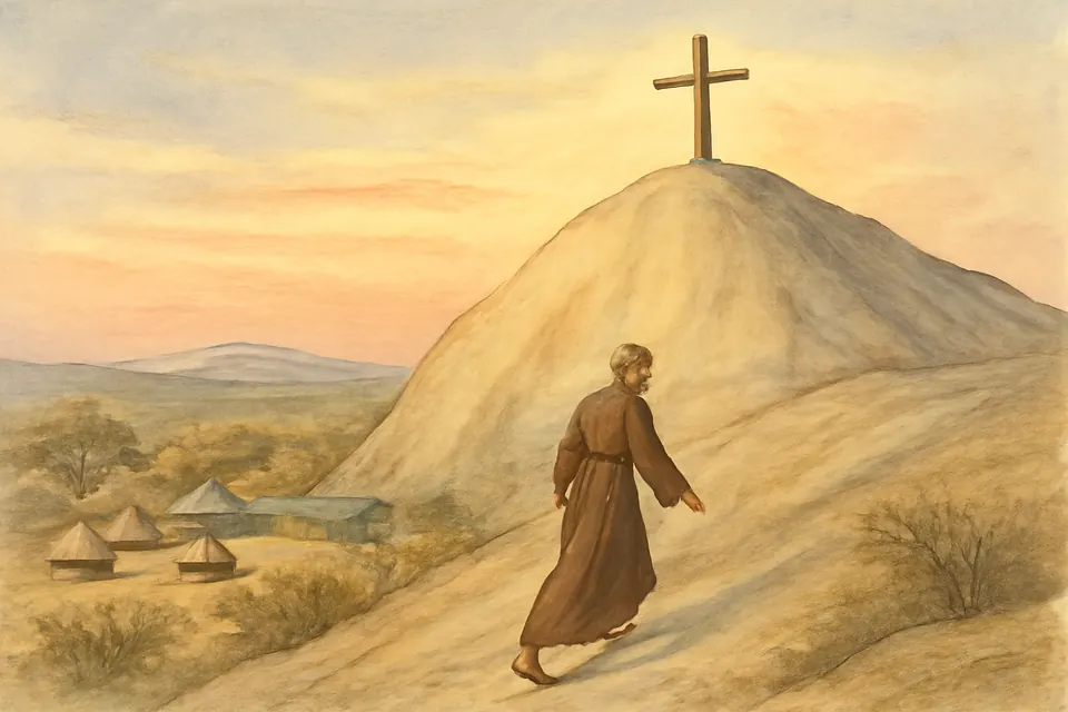 Watercolor-style scene of a lean bearded man in a Franciscan habit walking up a rocky African hill at dawn toward a cross on its summit, with small huts below