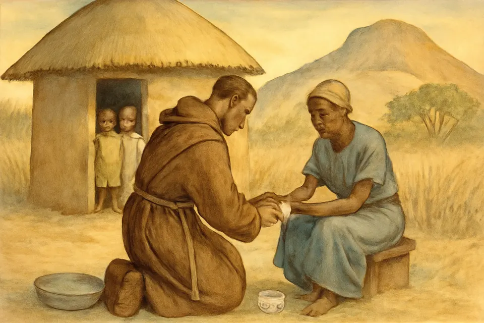 Watercolor-style scene of a man in a Franciscan habit kneeling to bandage the hand of an old woman outside a thatched hut, seen from behind