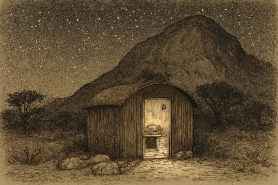 Ink-drawing-style scene of a small rounded tin hut at night beside a rocky hill, a lamp in its doorway and a harmonium and papers inside