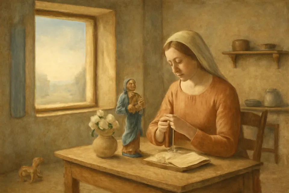 Oil-painting-style illustration of a young mother praying the rosary at a sunny kitchen table beside a window, with a small statue of the Virgin and Child and a vase of white roses