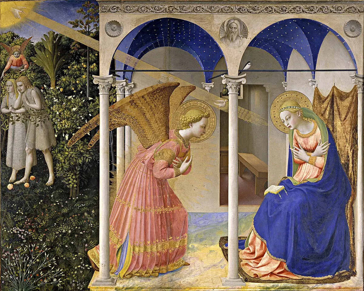 The angel Gabriel in a pink robe with golden wings bows before the Virgin Mary, seated under a blue starry loggia, while Adam and Eve are led out of a garden on the left