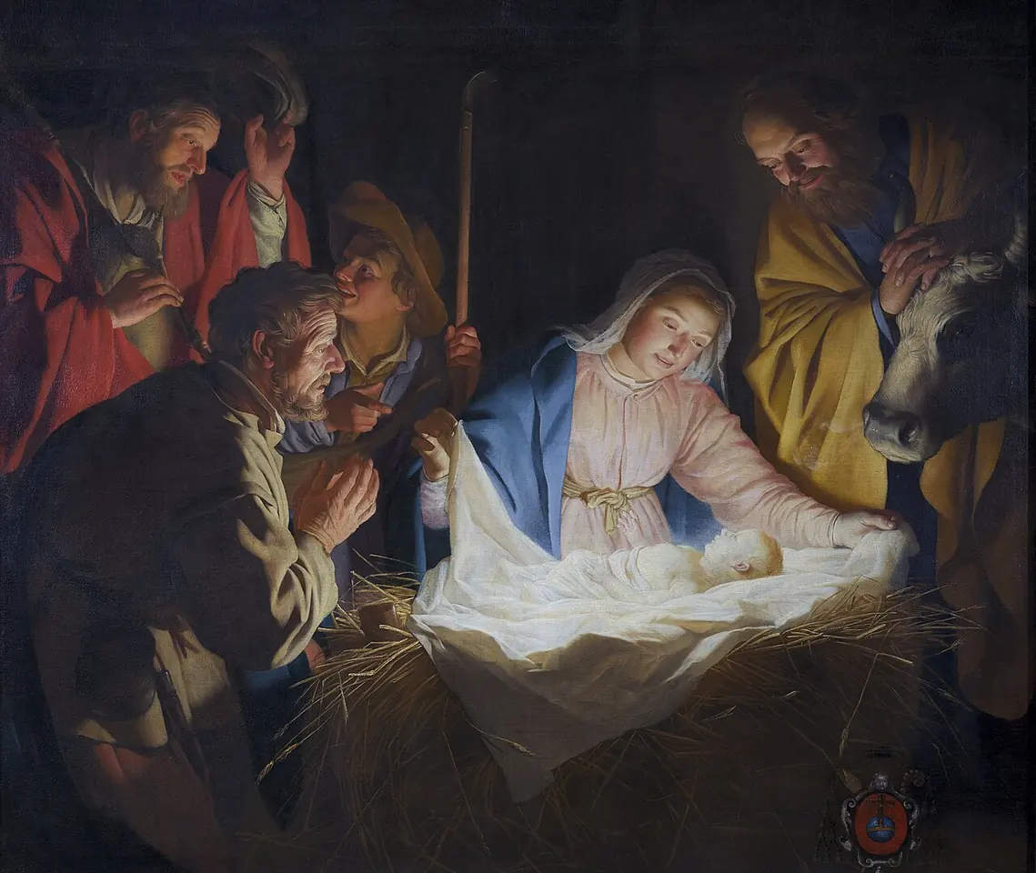 By candlelight Mary lifts a white cloth from the newborn Jesus in the manger, and the light from the child falls on the faces of Joseph and the gathered shepherds