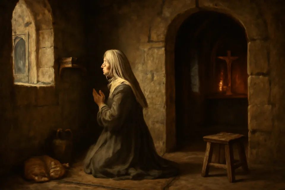 Oil-painting-style scene of a medieval anchoress in a plain gray habit kneeling in her small stone cell, looking through a narrow window toward the altar of the church beside it