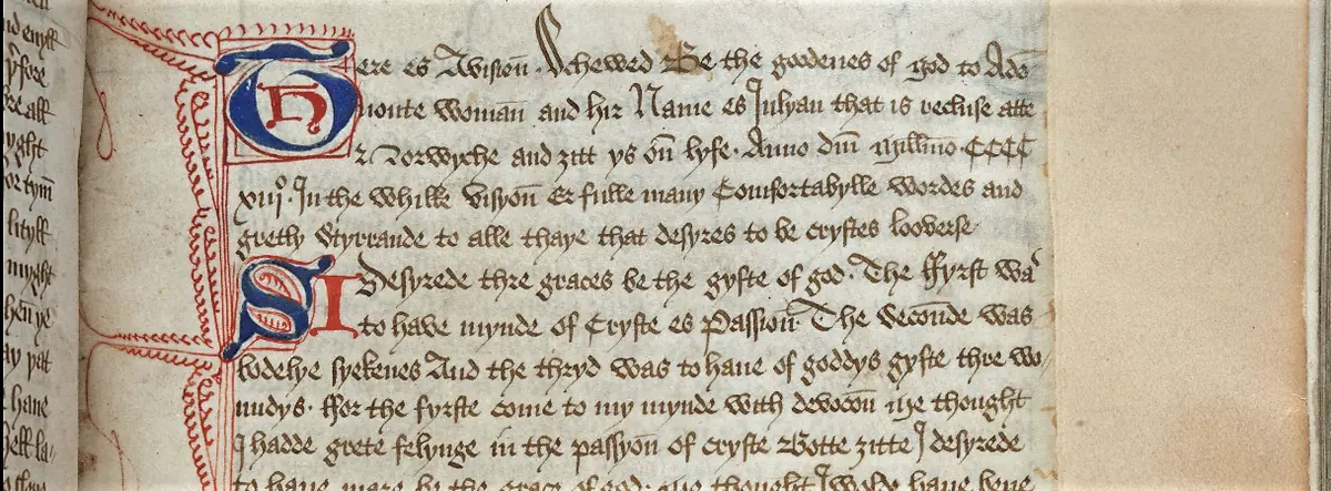 Page of a medieval English manuscript in brown ink with a large decorated blue and red initial at the start of the text