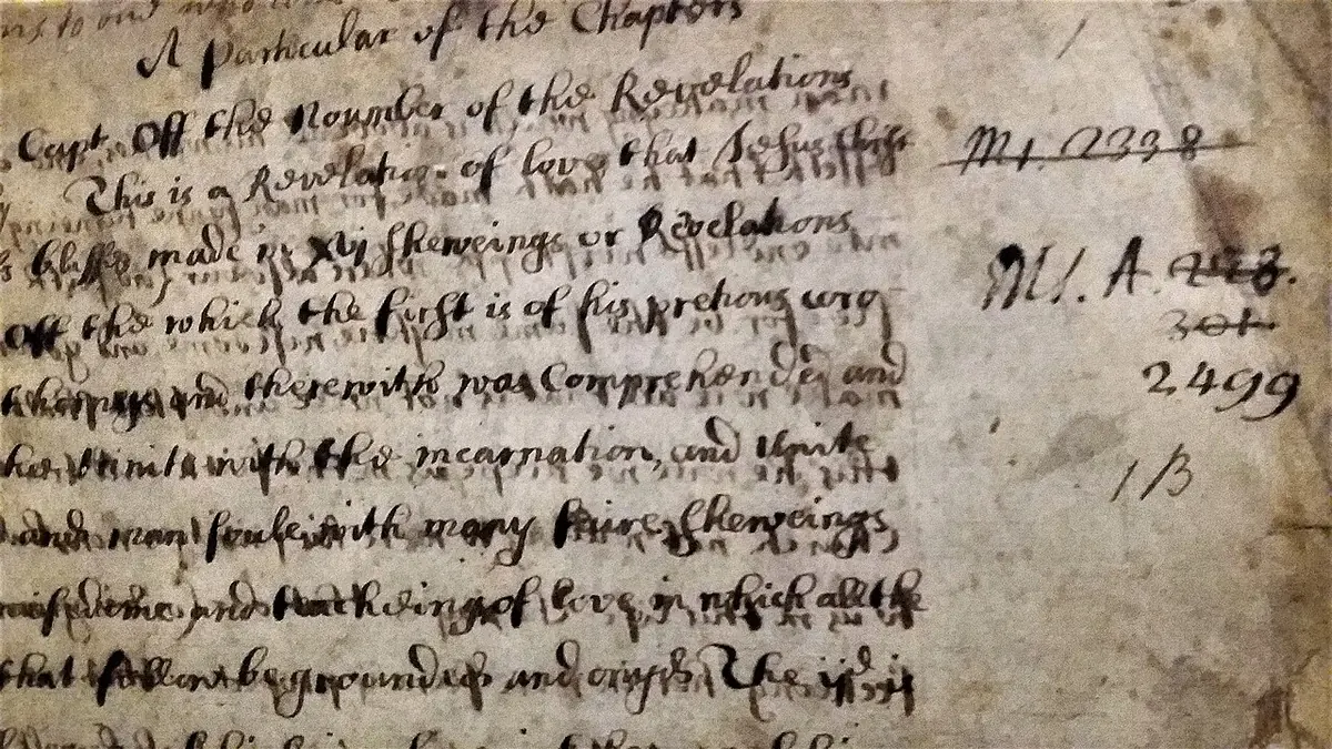Close view of a handwritten page in brown ink in a 17th-century hand, with a later library shelf mark written in the margin