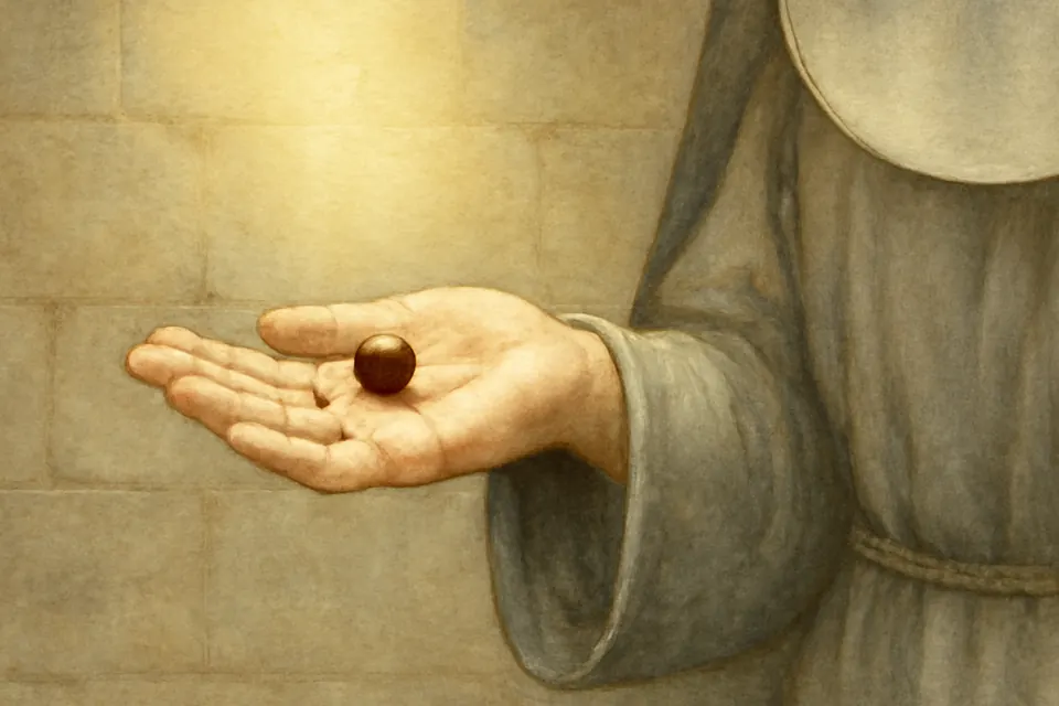 Watercolor-style scene of an open hand holding a single hazelnut in soft light