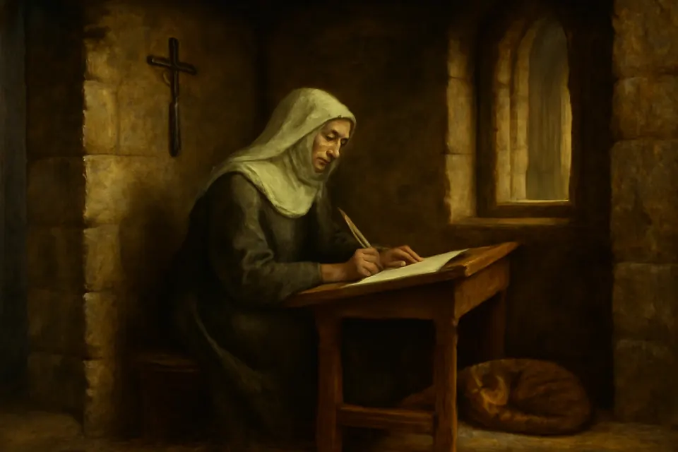 Oil-painting-style scene of a medieval anchoress in a plain gray habit writing at a desk in her small cell, a cat at her feet