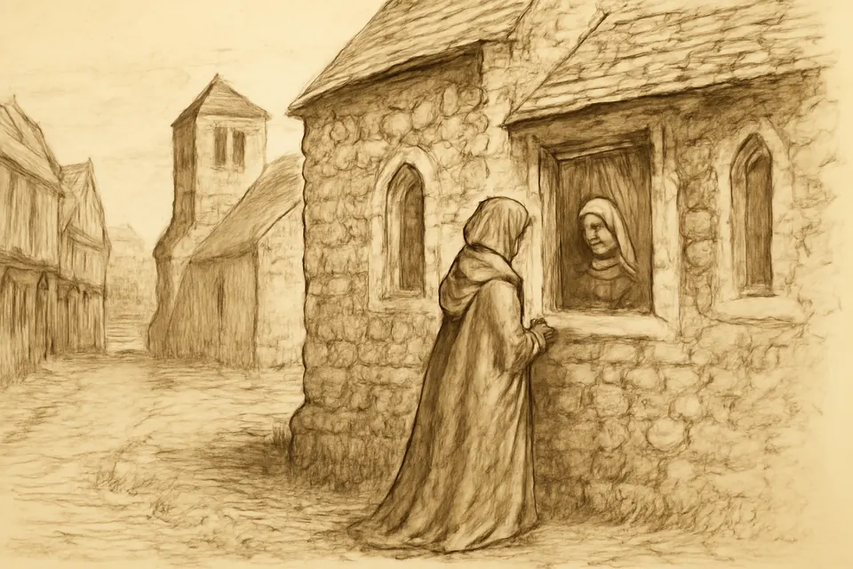 Ink-drawing-style scene of a townswoman speaking with an anchoress through the window of her cell