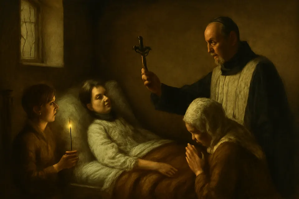 Oil-painting-style scene of a priest holding a crucifix before the face of a gravely ill young woman propped up in bed, with her mother praying beside her, in 1373