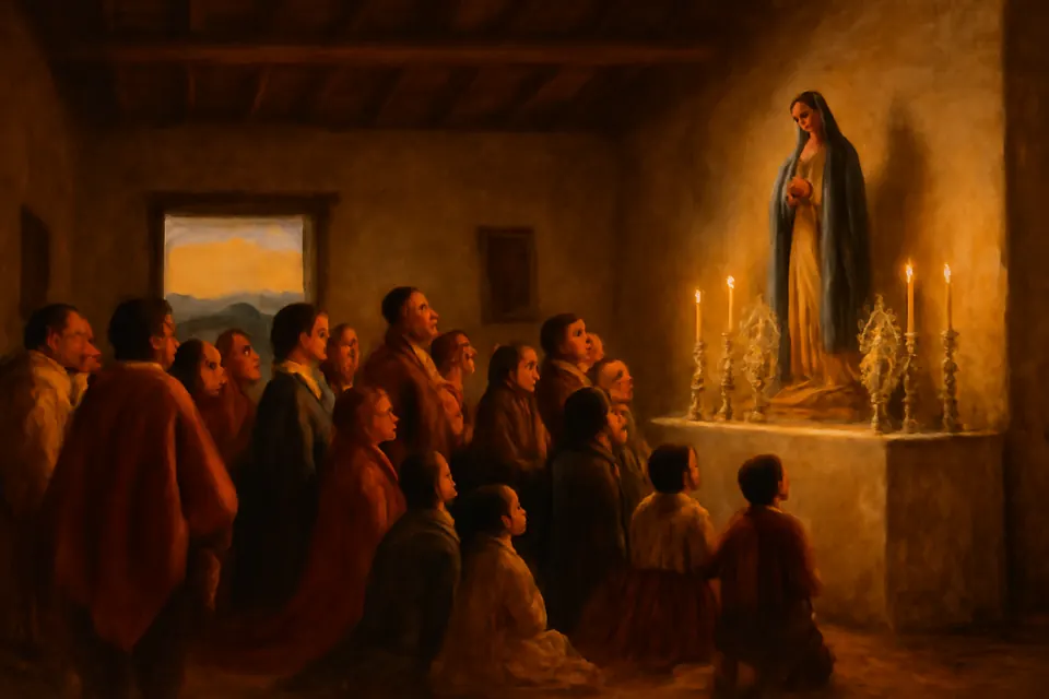 Ilustración de estilo óleo de una iglesia de pueblo al anochecer, donde un grupo de fieles canta la Salve ante una imagen de la Virgen iluminada con velas