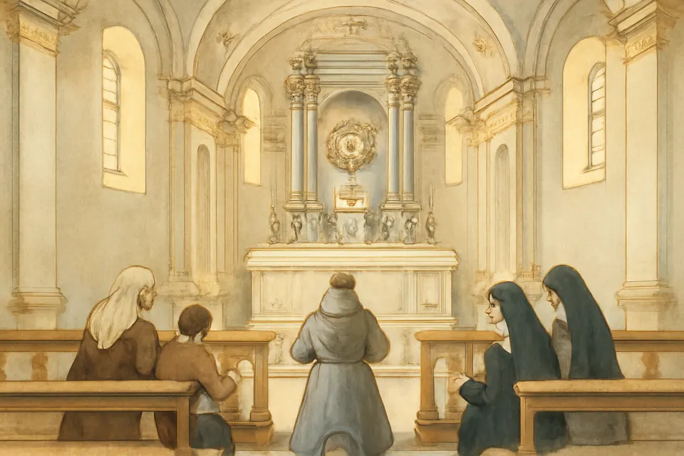 Oil-painting-style illustration of pilgrims kneeling in the nave of a white Baroque church before a marble altar where a silver monstrance is exposed